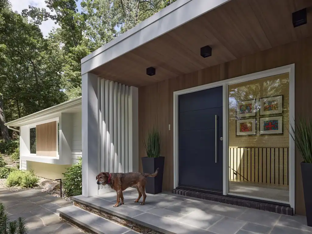 Modern Mill ACRE composite tongue and groove soffit on mid-century modern covered entry overhang