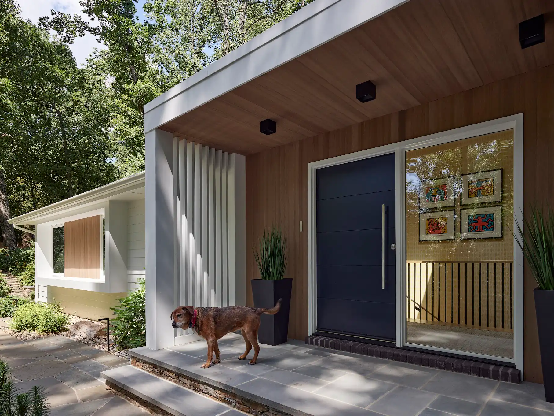 Modern Mill ACRE composite tongue and groove soffit on mid-century modern covered entry overhang